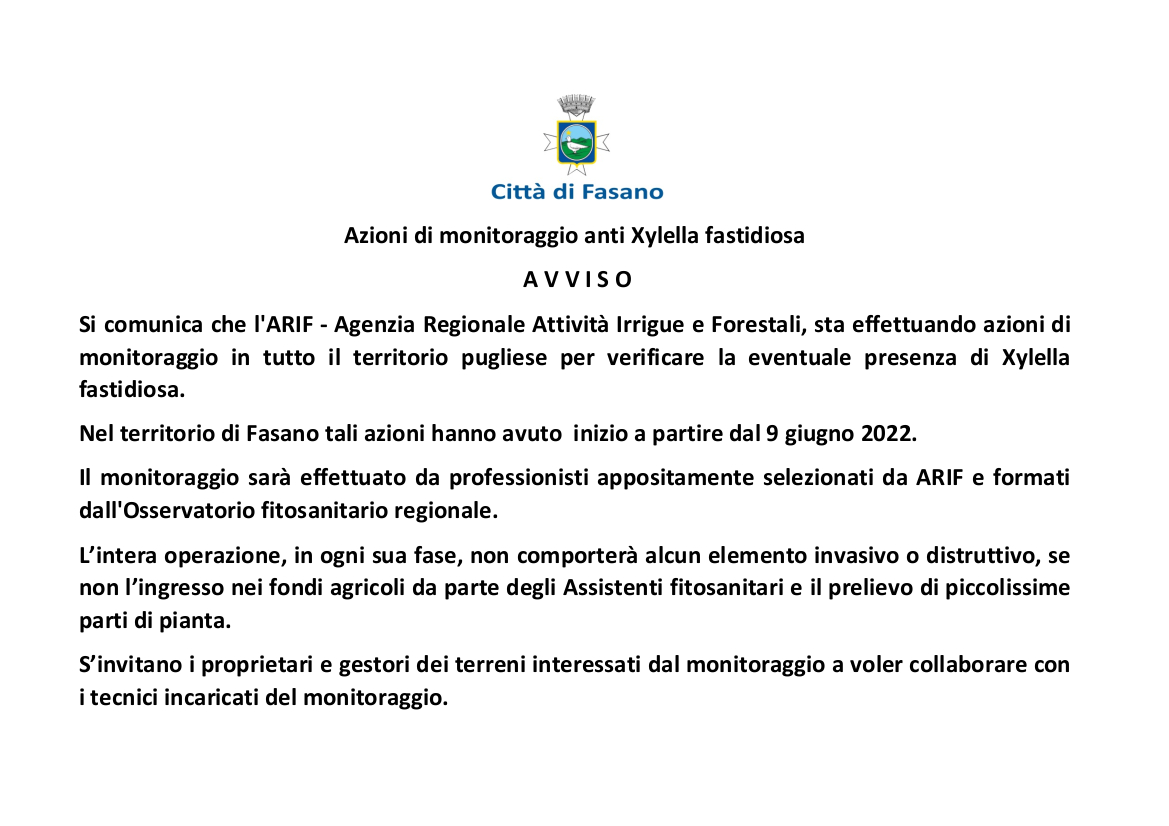 Azioni di monitoraggio anti Xylella fastidiosa